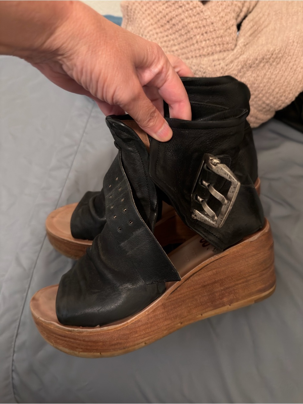 Women’s Black Leather Open-Toe Ankle Boots - Picture 2 of 3
